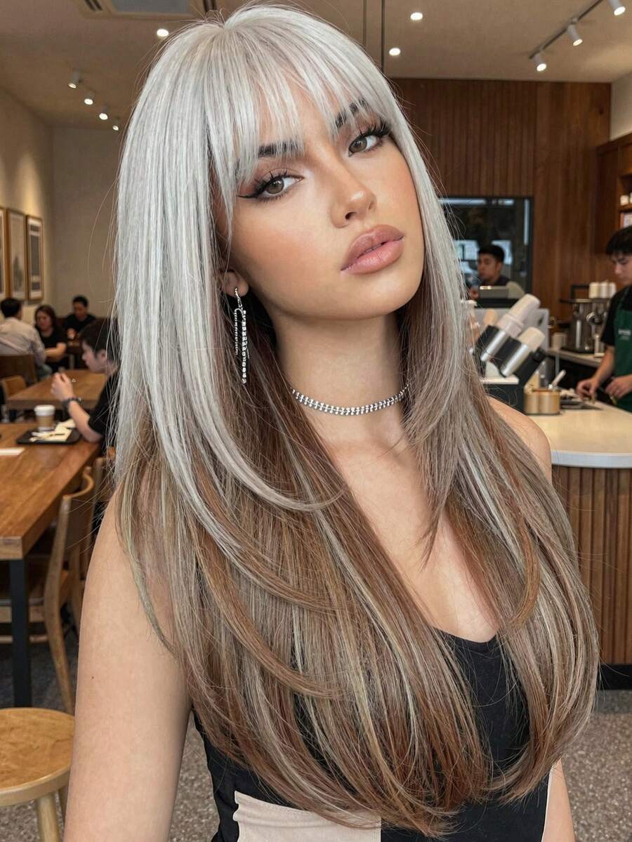 Tóc giả dài xoăn tự nhiên nhiều lớp có mái dành cho nữ, tóc giả tổng hợp cho nữ, tóc giả tổng hợp cho bé gái, dùng hàng ngày, dự tiệc, cosplay, quà tặng cho bạn gái, trang phục dự tiệc hàng ngày. - Ombre - Xem 1