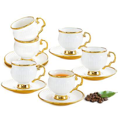 White Gold Ceramic Coffee Mug And Tray Set, 12-Piece Set Of 3.5 Oz Small Coffee Cups, Coffee Mug Sets, Teacup And Sets, Adult Tea Set Sets, Tea Party Sets Suitable For Cappuccino, Latte, Mocha