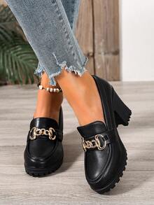 Escarpins à talon épais avec décoration de chaîne, respirants, style élégant et professionnel, talons compensés pour femmes - Noir - Voir 3