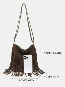 1 chiếc túi xách nữ cỡ trung bình kiểu retro bằng da lộn đơn sắc có tua rua, kiểu phương Tây phong cách Hồng Kông, đeo chéo một bên vai, đa chức năng, cá tính, tối giản, phong cách thường ngày, phù hợp cho đi làm, du lịch, mua sắm, dạo phố thường ngày dành cho phụ nữ sành điệu và sinh viên đại học. - Cà phê - Xem 9