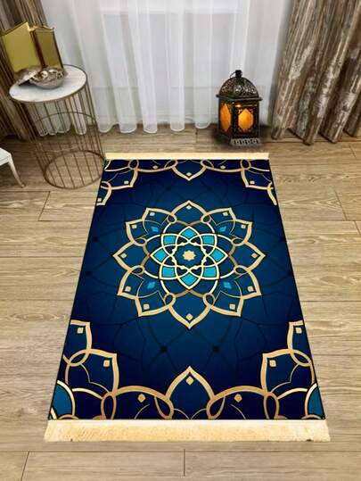 1 pezzo Tappeto da preghiera di lusso con nappe, tappeto decorativo con stampa a fiore di loto blu - Morbido, durevole, antiscivolo, lavabile in lavatrice - Adatto per ingresso, corridoio, terrazza, regalo - Ideale per camera da letto, corridoio, decorazione terrazza