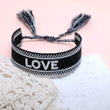 1pc Handmade Embroidered Love Letter Boho Tassel Braided Bracelet - Black - View 2