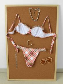 Ladies' Pink Plaid Ruffled Edge Steel Ring Bikini Two Pieces Set With Sweet Girl Style Swimsuit,Set Beach Summer Spring 2026 - Multicolor - View 2