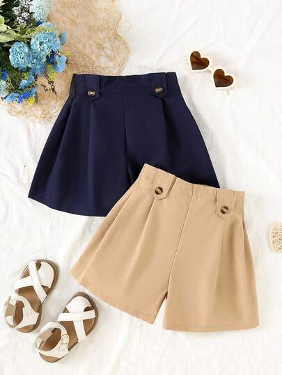 2pcs Girls Solid Color Elegant Minimalist Multi-Functional Pleated Design Shorts, Summer Style, Multi-Color Set, Loose Casual Suitable For Sports, Girls Summer Shorts Set, Children Shorts Set, Teenage Girls Set