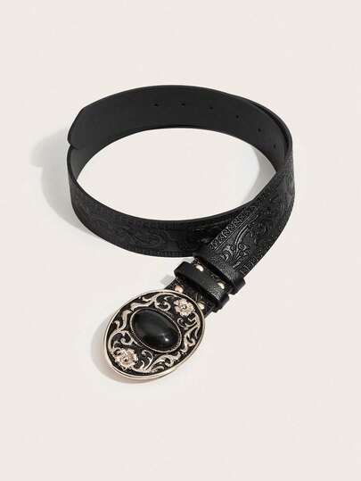 1pc Bohemian Black Agate Embossed Women's Western Cowgirl Belt, Suitable For Jeans, Halloween, Music Festivals, Everyday Wear, Fashion Style, Outdoor Activities, Parties, Autumn/Winter Accessory, Christmas, Valentine's Day, Back To School, Halloween, Vacation, Graduation Gift, Birthday