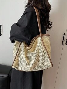 2pcs Spring Straw Large Capacity Handbags, 2026 New Fashion Tote Shoulder Bags, For Travel And Outing - Coffee - View 4