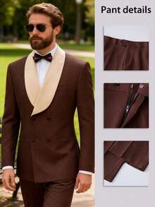 Men's Suit Shawl Lapel Double-Breasted Blazer & Pant Set - Formal 2-Piece Tuxedo With Wafer Knit Texture For Weddings & Black Tie Events - Cà phê nâu - Xem 3