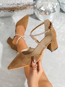 镶钻尖头粗跟优雅礼服鞋，适合宴会和派对，时尚百搭的镂空高跟鞋。红色高跟鞋、黑色高跟鞋、闪亮时尚派对高跟鞋。 - 卡其色 - 查看 4