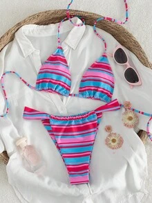 PEPPERMOLLY 两件套性感时尚比基尼套装，条纹印花，完美适用于夏季海滩、泳池派对和豪华海滩度假。大胆时尚的2026必备炫目沙滩装系列，女士泳装，比基尼。 - 彩色 - 查看 3