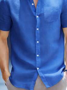 Áo sơ mi nam tay ngắn thoải mái, kiểu dáng cổ điển retro, dáng ôm vừa vặn. - Màu xanh lam - Xem 5