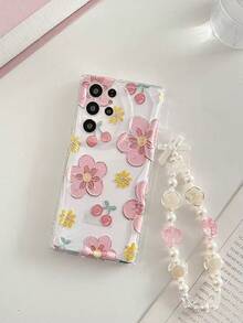 Cherry Blossom Printed Cream Wavy Edge Glossy Painted Anti-Drop Phone Case With Beaded Bracelet Accessory, Compatible With Samsung Galaxy S25/S25PLUS/S25 Ultra/A16/A36/A26/A56/A50/A12/A32/A52/A72/A51/A21S/A13/A14/S24/S24PLUS/S24Ultra/S20/S23/S22/A53/S20FE/S21/, 11/12Pro/12/12X/13Pro/14Pro/15Pro/X3pro/, Redmi 10/9/Note9/12c/Note11pro/Note8Pro/9C/9a - Multicolor - View 2