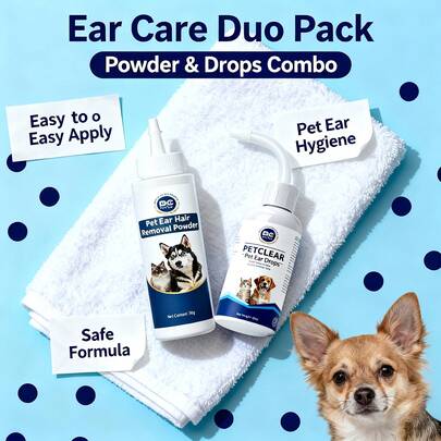 PC Petclear PetClear Professional Ear Care Set, Ear Drops + Ear Hair Removal Powder Combo, Suitable For Dogs And Cats, One-Stop Solution For Deep Cleaning And Caring For Pet Ears And Ear Hair. The Ear Drops Gently Clean Earwax And Deodorize To Keep The Ears Fresh. The Ear Hair Removal Powder Is Specifically Formulated To Assist In Removing Ear Hair, With Gentle And Skin-Friendly Ingredients That Effectively Address Common Pet Ear Care Issues.
