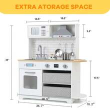 Juego de cocina para niños, juego de juguete de cocina de madera con estufa, horno, fregadero y 17 piezas de juguete para alimentos y utensilios de cocina, cocina de juego de simulación con 2 cajones - Blanco - Ver 3