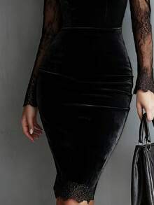 Womens Long Sleeve Sheer Lace Cutout Neck Velvet Bodycon Mini Dress - Black - View 2