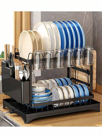 2-рівнева підставка для посуду з піддоном для крапель, для тарілок, чашок, посуду, кухонний органайзер, велика 2-рівнева підставка для посуду з вуглецевого волокна для стільниці, нержавіюча сталь, чорний колір