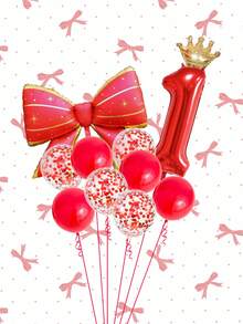 11pcs 32-Inch Red 0-9 Number Balloon Set, Large Bow Foil Balloon, Gold Crown Balloon, Red Latex Balloon For Birthday Party, Anniversary, Family Gathering Decoration - Multicolor - View 1