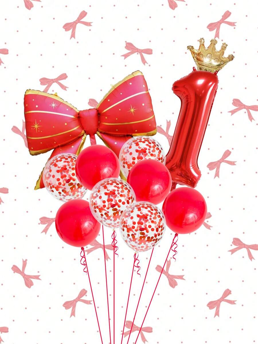 11pcs 32-Inch Red 0-9 Number Balloon Set, Large Bow Foil Balloon, Gold Crown Balloon, Red Latex Balloon For Birthday Party, Anniversary, Family Gathering Decoration - Multicolor - View 1