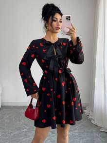 JTI Women's Sweet Bowknot Decor Round Neck Long Sleeve Heart Print A-Line Waist Tie Hem Short Dress, Black Cute Girly Style, Suitable For Valentine's Day Date - Black - View 10
