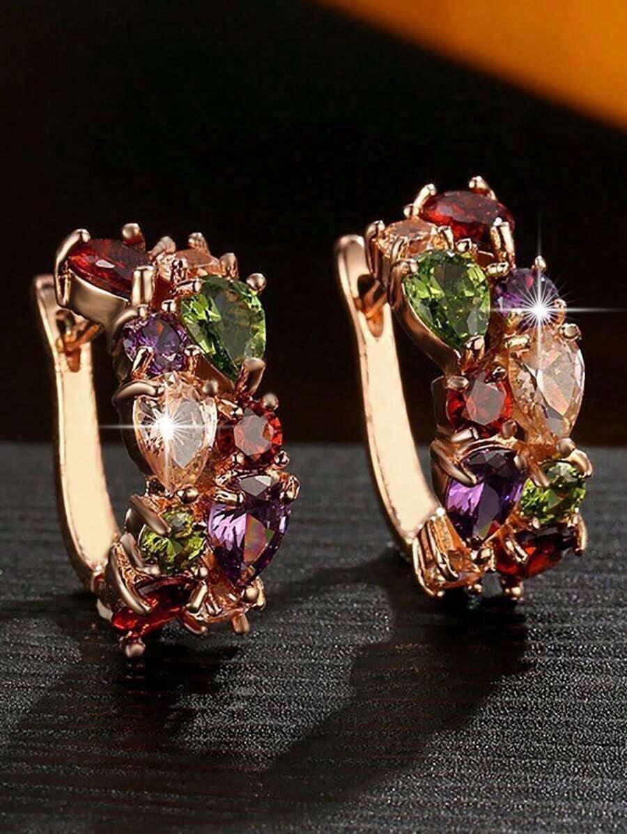 1pair Gorgeous Monalisa Colorful Cubic Zirconia Paved Elegant Round Decor Earrings Luxury Party Jewelry For Women - 玫瑰金色 - 查看 1