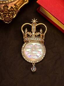 1pc 2-In-1 Vintage European & American Figure Minimalist Versatile Elegant Luxurious Brooch, Suitable For Daily, Party, Banquet And Celebration Occasions. One Style Is Iridescent Pearl Crescent Moon With Rhinestone Crown + Crystal Pendant, Gilded Textured With Courtly Luxurious Feel - Multicolor - View 8