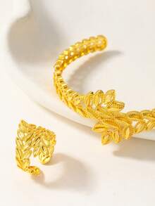 2pcs Fashionable Hollow Wheat Leaf Design Bracelet & Ring Set, Suitable For Daily Wear, Middle East Specific - Yellow Gold - View 3