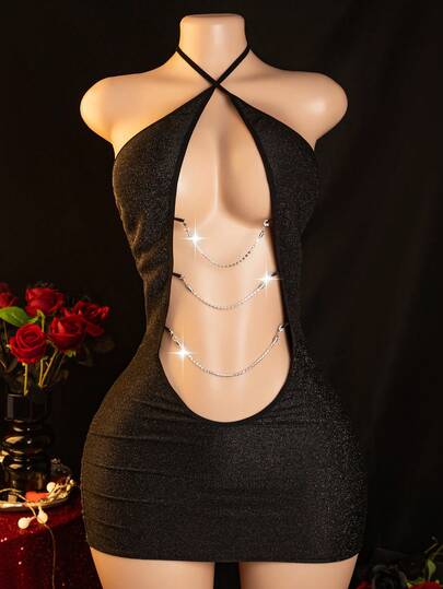 Sexy Lingerie Set, Shiny Hollow Out Garter Skirt Set, Including Garter Skirt + G-String, Bedroom Intimate Apparel Set, Women's Lingerie And Sexy Garter Skirt Set