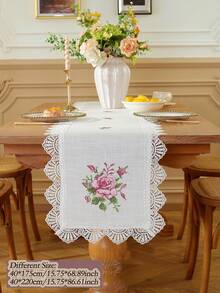 Taplak Meja Polos dari Poliester Linen dengan Bordir Bunga Mawar Merah Muda, Pinggiran Renda Rajutan Bergelombang Berbentuk Kipas Empat Sisi, Dekorasi Botani Vintage untuk Meja Makan, Meja Teh, Pernikahan, Rumah Pertanian, Dapur - MultiWarna - View 16