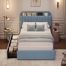 Marco de Cama Individual con cabecera de Almacenamiento, Marco de Cama para niños con 2 cajones, Cama tapizada con Plataforma Boucle, con estantería, no Necesita somier, fácil Montaje - Azul - Ver 7