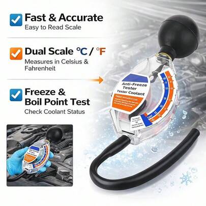 부동액 및 냉각수 테스터 - 빠르고 정확한 동결 및 비등점 점검용 비중계, 읽기 쉬운 이중 스케일 (섭씨 및 화씨), 자동차, 트럭, RV 유지 보수에 배터리 불필요
