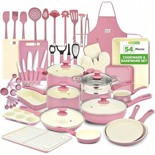 Nutrichef 54 Piece Professional Grade Complete Home Kitchen Cookware Set, Ceramic Non-Stick Bakeware, Pot And Pans Kit, Cool-Touch Handles,  For Gas, Electric, Induction Cooktops, Easy Clean