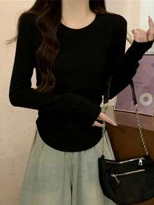 春秋季韩版优雅修身圆领褶皱长袖T恤打底衫 - 黑色 - 查看 7