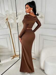 AIJ Amarilo Women's Off Shoulder Ruffle Trim Crop Top & High Waist Mermaid Maxi Skirt Two Pieces Set – Elegant Wedding Guest Attire, Perfect For Valentine's Day Date Nights, Dinner Parties, Casual Outings & Vacations Spring - Brown - View 2