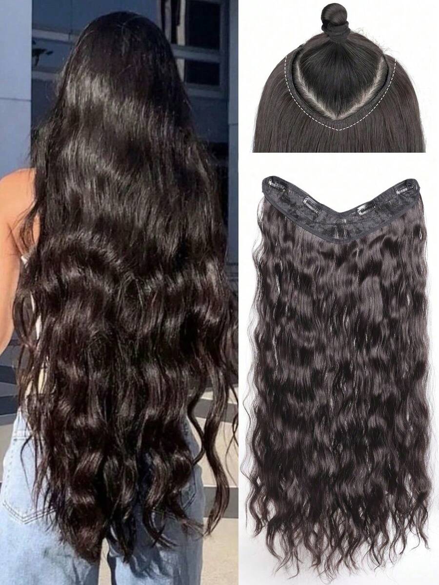 Extensiones de cabello sintético resistentes al calor con forma de V ondulada extra larga, pieza única con 4 clips, peluca de cabello falso con ondas de agua, a granel sin trama para mujeres