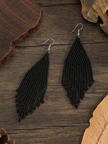 SOUL BEADING Khuyên tai thời trang nữ, khuyên tai đính hạt phong cách Bohemian, kiểu dáng cổ điển, màu đen tuyền, mặt dây chuyền tua rua dài, làm thủ công, móc khuyên tai bằng đồng, khuyên tai tua rua, phụ kiện đa năng cho tiệc tùng, mặc hàng ngày, đi nghỉ mát. - màu đen - Xem 3