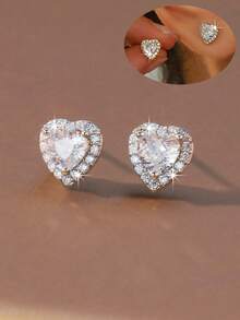 1 Đôi bông tai hình trái tim sáng bóng, kiểu dáng cổ điển, đa năng, trang sức thanh lịch phù hợp để đeo hàng ngày. - Bông tai hình trái tim - Xem 2