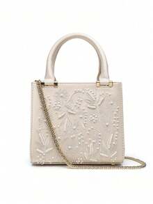 SATIN EFFECT PEARL BAG, Women's Mini Handbag, Women's Crossbody Bag With Chain Strap, Fashionable Small Tote Bag Ladies Luxury Designer Purses, Bags For Ladies Fashionable - White - View 5