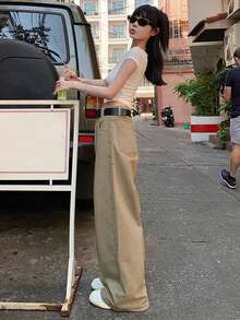 卡其色高腰宽松修身直筒牛仔裤，女士款，秋季款，无腰带 - 卡其色 - 查看 5