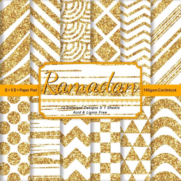 12张斋月金色条纹风格剪贴簿纸，阿拉伯几何图案设计，适用于斋月装饰、伊斯兰工艺品、开斋节剪贴簿、子弹笔记、拼贴艺术、贺卡，阿拉伯主题艺术纸，6*6英寸