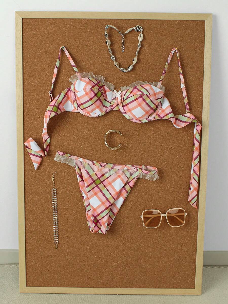 Ladies' Pink Plaid Ruffled Edge Steel Ring Bikini Two Pieces Set With Sweet Girl Style Swimsuit,Set Beach Summer Spring 2026 - Multicolor - View 1
