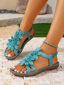 Women's Elegant Sandals, Floral Decor In Cooling Color Tones, Fairy-Tale Summer Style, Open Toe Design, Fabric Upper And Lining, Non-Slip Outsole, Microfiber Insole - Lightweight,Beach Outfits - Mint Green - View 7