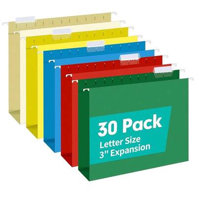 HERKKA Extra Capacity Hanging File Folders, 30 Pack Reinforced Letter Size Hanging Folders With Heavy Duty 3 Inch Expansion, Designed For Bulky Files,  Charts, Adjustable Tabs, Assorted Colors