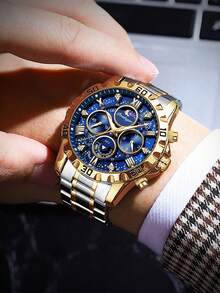 POEDAGAR 男士防水夜光不锈钢石英表，带礼盒，1 件装 - 藍色 - 查看 11