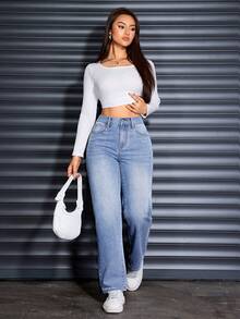 Plus Size Women's Fashion Solid Light Blue Washed Denim Cat Whisker Pocket Rigid Denim Wide Leg Jeans, Casual Wear For Spring, Summer, Autumn, Winter - Light Wash - View 5