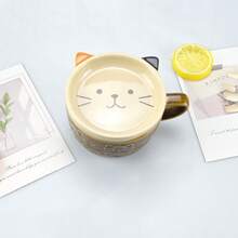 Cartoon Shiba Inu And Cat Ceramic Mug Set, 1 Set , Cute Relief Home Coffee/Breakfast Milk Cup With Lid, Microwaveable, Creative Snack Tray, Birthday Gift/Back-To-School Gift - Multicolor - View 5