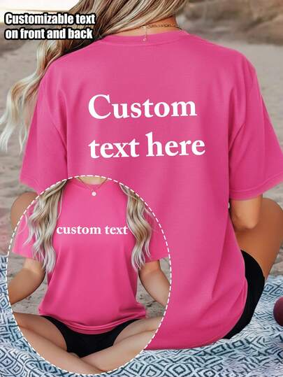 Camiseta de manga corta para mujer de talla grande - Personalizable por delante y por detrás - Agrega tu propio texto (seleccionable color y fuente) Diseña tu propia camiseta gráfica personalizada, excelente para regalo de aniversario, regalo del Día de San Valentín, regalo de festival u ocasión personalizada de verano