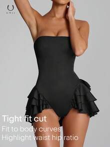 欧美风黑色无肩带连体衣，荷叶边下摆性感修身小众街头风连体裤 - 黑色 - 查看 7