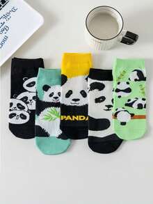 5双可爱熊猫图案女袜 - 夏季短袜 - 精致动物图案休闲日常时尚袜套装 - 彩色 - 查看 6
