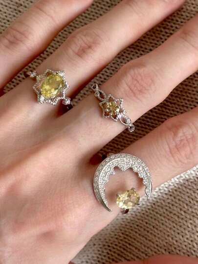 1pc Fashionable Hollow Star & Moon Ring, Minimalist Copper Rhinestone Faux Yellow Crystal Silver Open Ring, Suitable For Women's Daily, Party, Holiday Wear, Holiday Gift, Anniversary Gift, Jewelry Gift, Daily Gifting