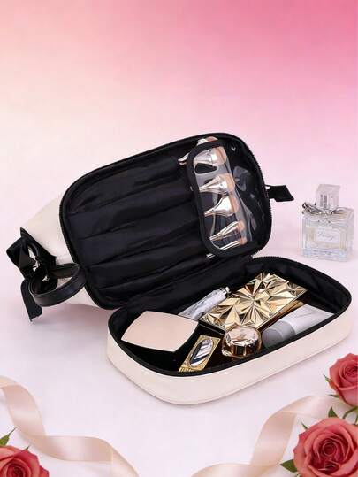 1pc Elegant Layered Cosmetic Bag, Portable Travel Toiletry Organizer, Multi-Functional Storage Pouch, Dual-Layer Makeup Bag, Niche Design, Handheld Cosmetic Bag, Women Clutch, Skincare & Makeup Brush Holder,Pouch,Makeup Pouch,Travel Essential