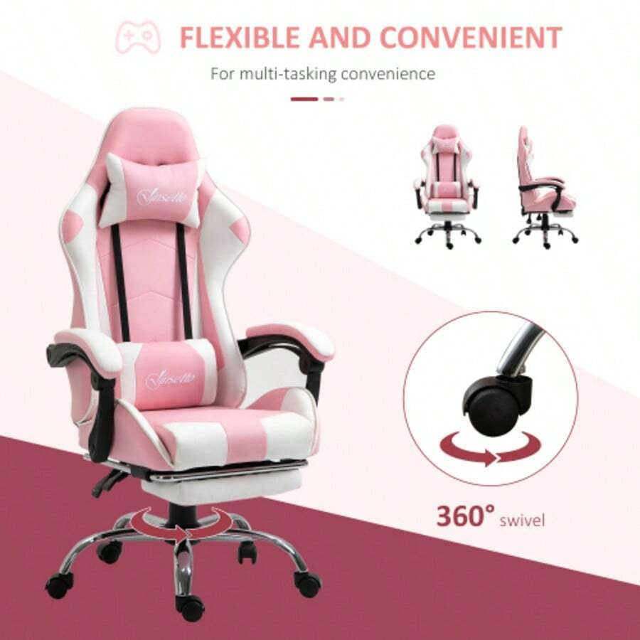 Gaming Chair, Computer Chair, Ergonomic Office Chair With Headrest, Lumbar Cushion, Height Adjustable, 360° Swivel, Pink And White - Multicolor - View 1